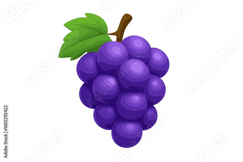 3D purple grapes bunch vector illustration. Realistic fruit icon with leaf isolated on transparent background. Concept for healthy food, diet, harvest, wine, juice, and agriculture.