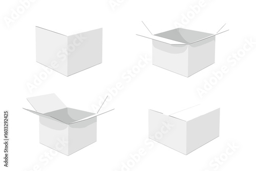 Realistic White Cardboard Packaging Box Set, Four Angles, Open and Closed, Blank Mockup for Branding, Shipping, Storage, Retail, High-Resolution Vector, Transparent Background, Template Design