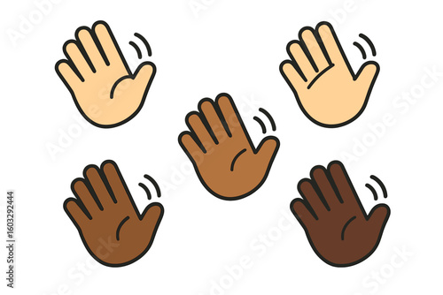 Waving hands icon set with diverse skin tones. Multiracial hello gesture emoji collection. Concept for equality, inclusion, and multicultural community. Vector illustration.