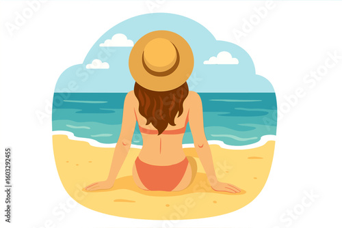 Rear view young woman in bikini sun hat sitting on tropical sandy beach relaxing, summer vacation travel leisure concept, sea horizon, ocean waves, flat cartoon vector illustration