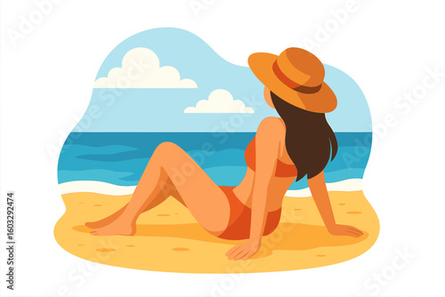 Relaxed woman sunbathing on sandy sea beach vector illustration, summertime ocean shore vacation, peaceful lifestyle and leisure outdoor scene on transparent background