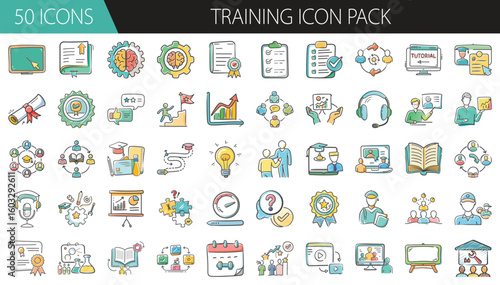 Training Icon Pack with 50 Skill Development and Learning Elements - A colorful set of 50 cartoon-style training icons, featuring certificates, presentations, learning tools, and progress symbols