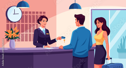 Adobe Illustrator artwork flat style illustration of a happy couple checking into a hotel, receiving a key card from the receptionist. Ideal for themes of summer travel and accommodation
