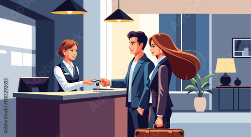 Adobe Illustrator artwork flat style illustration of a happy couple checking into a hotel, receiving a key card from the receptionist. Ideal for themes of summer travel and accommodation