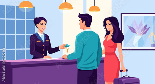 Adobe Illustrator artwork flat style illustration of a happy couple checking into a hotel, receiving a key card from the receptionist. Ideal for themes of summer travel and accommodation