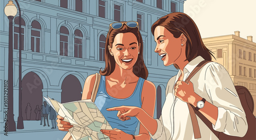 Adobe Illustrator artwork flat style illustration of two happy women travelers looking at a map in a historic European city during summer. Ideal for vacation and sightseeing themes