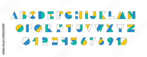 Typography font with geometric alphabet. Modern abstract typeface design with letters and numbers in geometry style. Set of English characters and digits, vector illustration