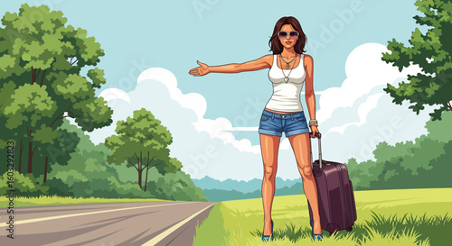 Adobe Illustrator artwork flat style illustration of a woman hitchhiking on a roadside with a suitcase and backpack on a sunny summer day. Ideal for independent travel and adventure themes