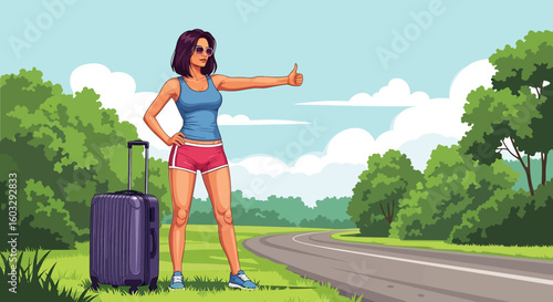 Adobe Illustrator artwork flat style illustration of a woman hitchhiking on a roadside with a suitcase and backpack on a sunny summer day. Ideal for independent travel and adventure themes