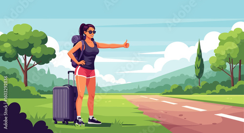 Adobe Illustrator artwork flat style illustration of a woman hitchhiking on a roadside with a suitcase and backpack on a sunny summer day. Ideal for independent travel and adventure themes