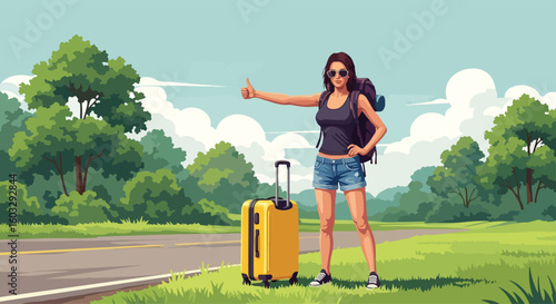 Adobe Illustrator artwork flat style illustration of a woman hitchhiking on a roadside with a suitcase and backpack on a sunny summer day. Ideal for independent travel and adventure themes
