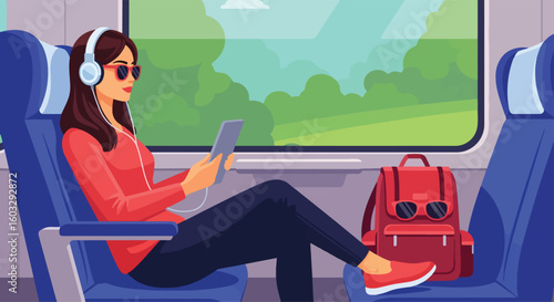 Adobe Illustrator artwork flat style illustration of a stylish woman traveling by train in summer, listening to headphones and using a tablet, with a backpack. Ideal for modern travel