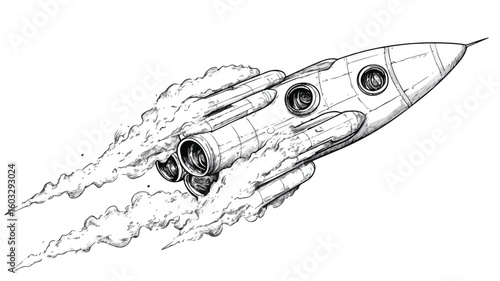 Space Rocket Launching into the Outer Space - Line Art Illustration