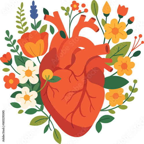 Anatomical Heart Surrounded by Floral Elements. vector