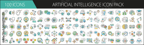 Artificial Intelligence Icon Pack with 100 Tech and Machine Learning Symbols - A futuristic set of 100 cartoon-style AI icons, including robots, brains, neural networks, data, and automation tools for