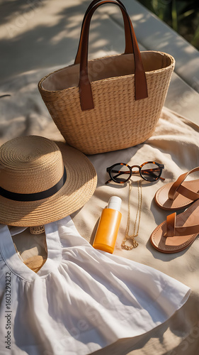 A delightful summer picnic still life featuring a brown hat, glasses, and a sunscream blank pack mockup.sun cream mockup file