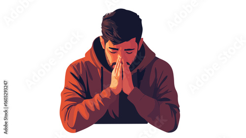 Prayerful man seeking guidance with hands in supplication