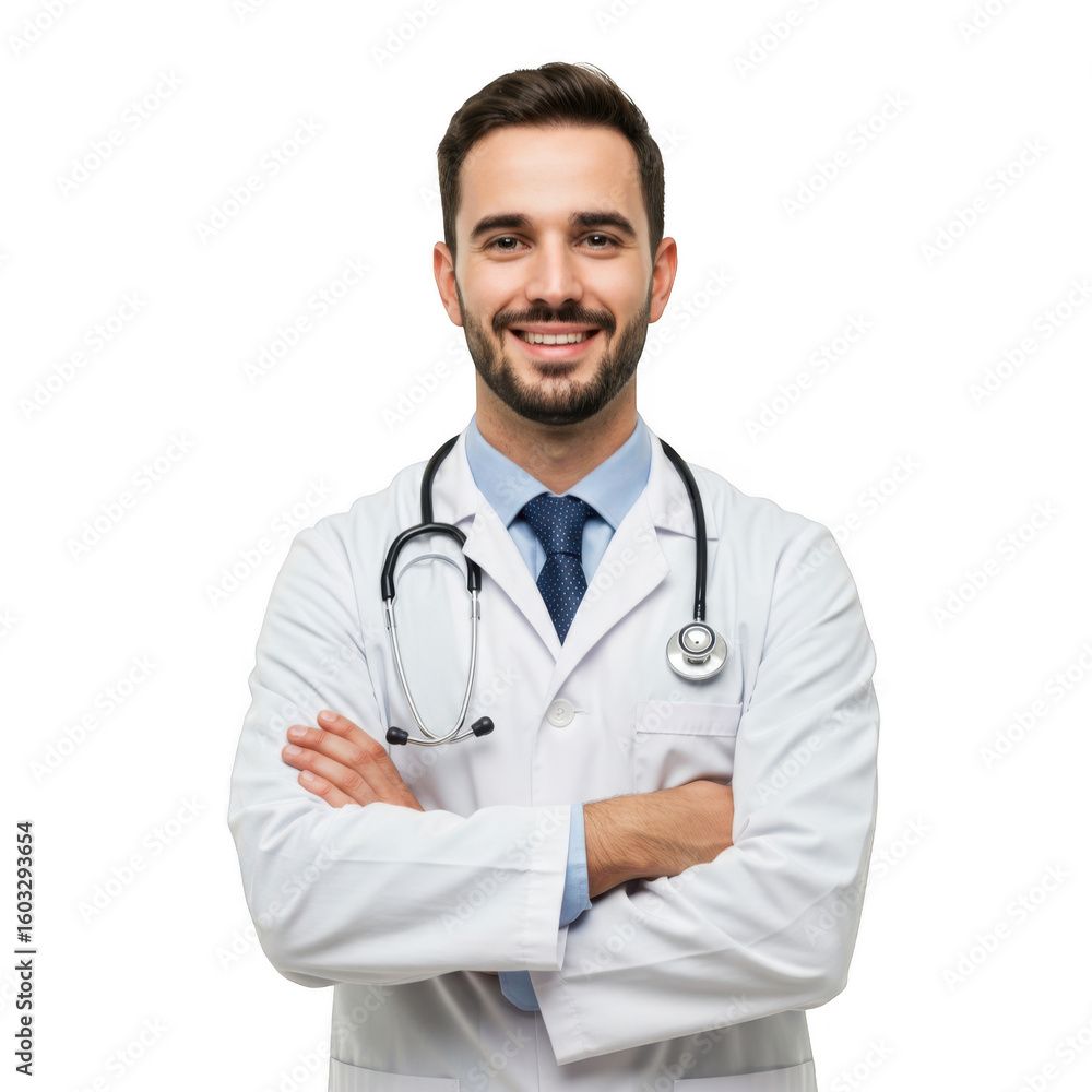 Confident male doctor wearing white lab coat and stethoscope smiles with arms crossed against a black background Confident male doctor wearing white lab coat and stethoscope smiles with arms crossed against a black background