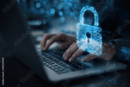an office worker typing on their laptop, with holographic images or symbols emerging from the screen to represent security and data protection Generative AI