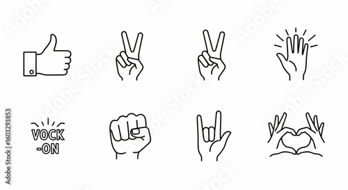 Hand Gesture Line Icon Set – Thumbs Up, Peace Sign, High Five, Fist Bump, Rock On, Heart Hands Vector

