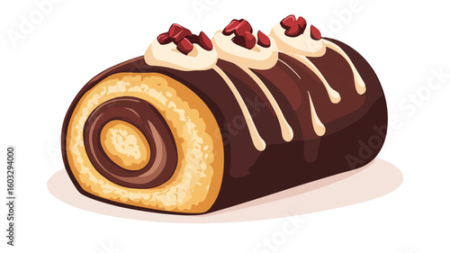 Delicious Swiss Roll Cake with Chocolate Cream Filling on Wooden Table