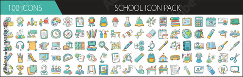 School Icon Pack with 100 Education and Learning Elements - A colorful set of 100 cartoon-style school icons, including books, pencils, science tools, classrooms, and students for educational design p