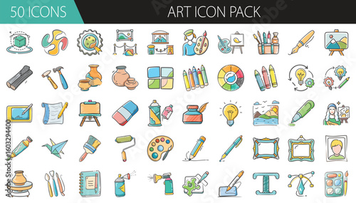 Art Icon Pack with 50 Creative Drawing and Design Tools - A colorful collection of 50 hand-drawn art icons, including brushes, paint, pencils, easels, and palettes for artistic and creative design pro
