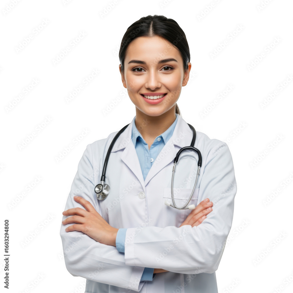 Smiling young female doctor wearing a white lab coat and stethoscope with arms crossed against a black background Smiling young female doctor wearing a white lab coat and stethoscope with arms crossed against a black background