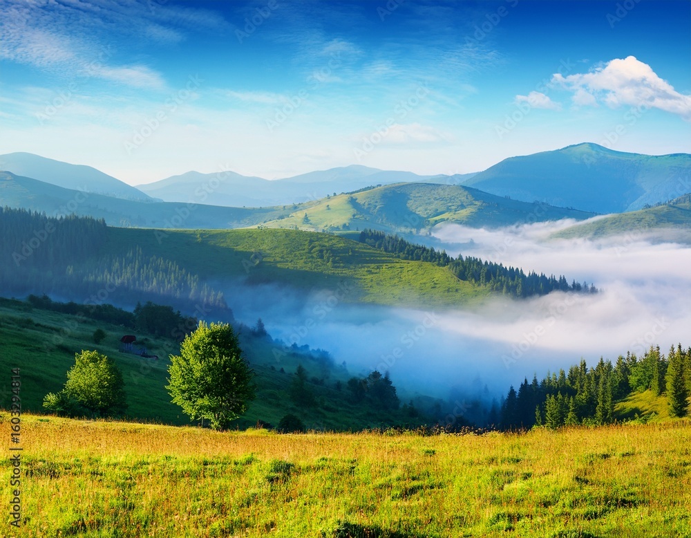 Fototapeta premium mountainous countryside landscape with fog in the distant valley mist rolling among hills in morning light stunning view of carpathians in summer clouds on the blue sky rural scenery