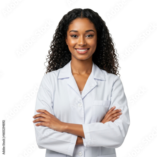 Smiling black woman doctor or scientist in white lab coat with arms crossed against a black background