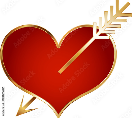 Red heart with golden frame pierced by arrow, beautiful symbol of love