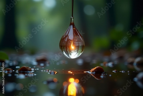 A stunning water droplet hangs in the forest, capturing and reflecting light beautifully.