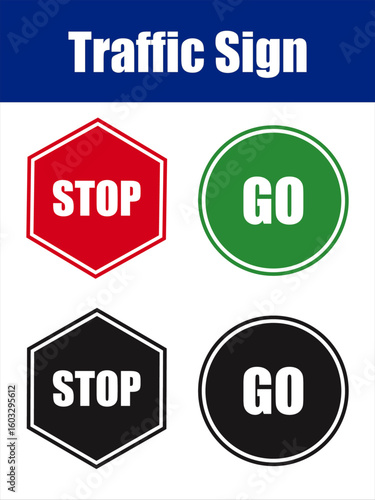 Animated Stop and Go Traffic Sign Icon Set. Four bold traffic icons representing stop and go signals in distinct color variations.