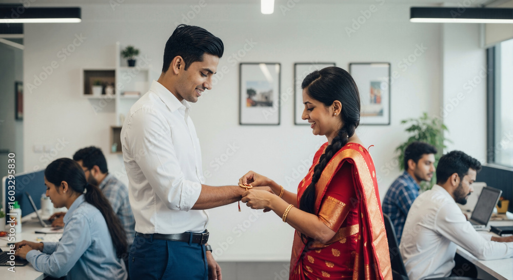Fototapeta premium Traditional Raksha Bandhan between female employee and boss in formal office