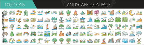 Landscape Icon Pack with 100 Nature and Scenery Designs - A colorful set of 100 cartoon-style landscape icons, including mountains, trees, rivers, beaches, and natural scenes for outdoor or travel the