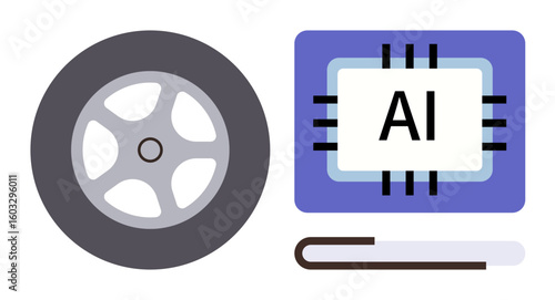 Wheel symbol paired with AI chip and progress bar highlights the fusion of automotive technology and artificial intelligence. Ideal for smart transportation, automation, innovation, AI applications