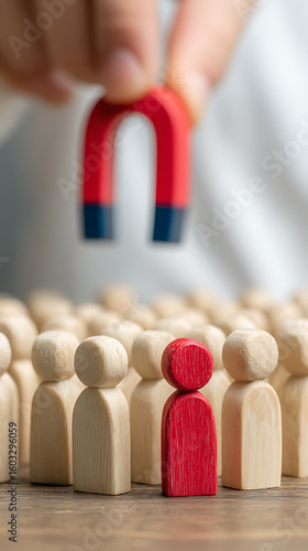 Red figure attracting wooden figures with horseshoe magnet blue