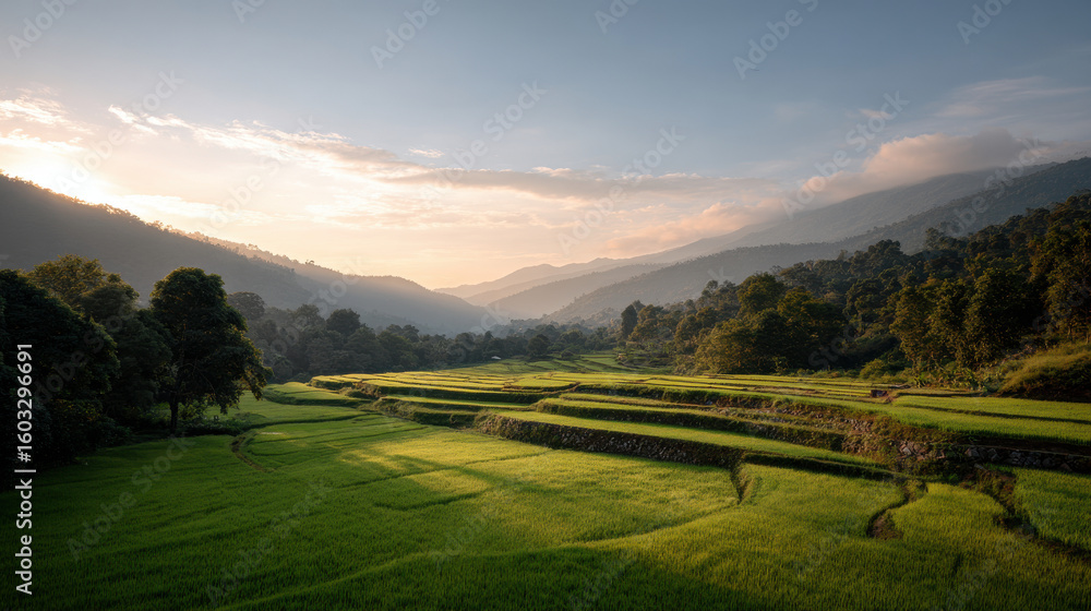 Fototapeta premium stunning view of rice terraces in myanmar bathed in golden hour light highlighting lush green patterns and dramatic
