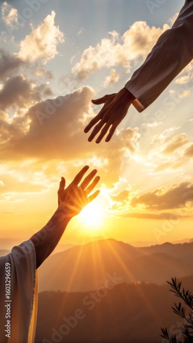 Two hands reaching for each other against a beautiful sunset sky, symbolizing help, salvation, and hope