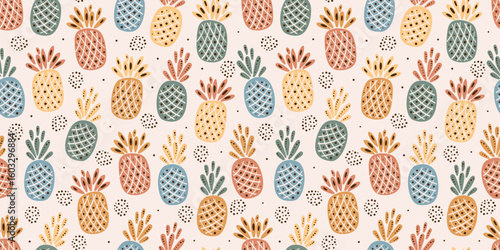 Pineapple. Seamless Pattern with Pineapples. Fruit Wallpaper in Earth Tones Palette. Summer Food Background Retro Colors