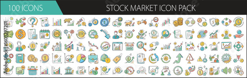 Stock Market Icon Pack with 100 Financial Symbols - A colorful collection of 100 hand-drawn stock market icons, featuring charts, graphs, currencies, trends, and finance tools for business design.