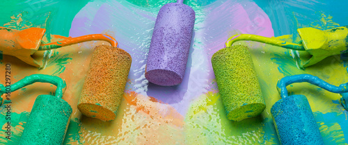 Paint rollers with paint on a bright background. Repair concept.