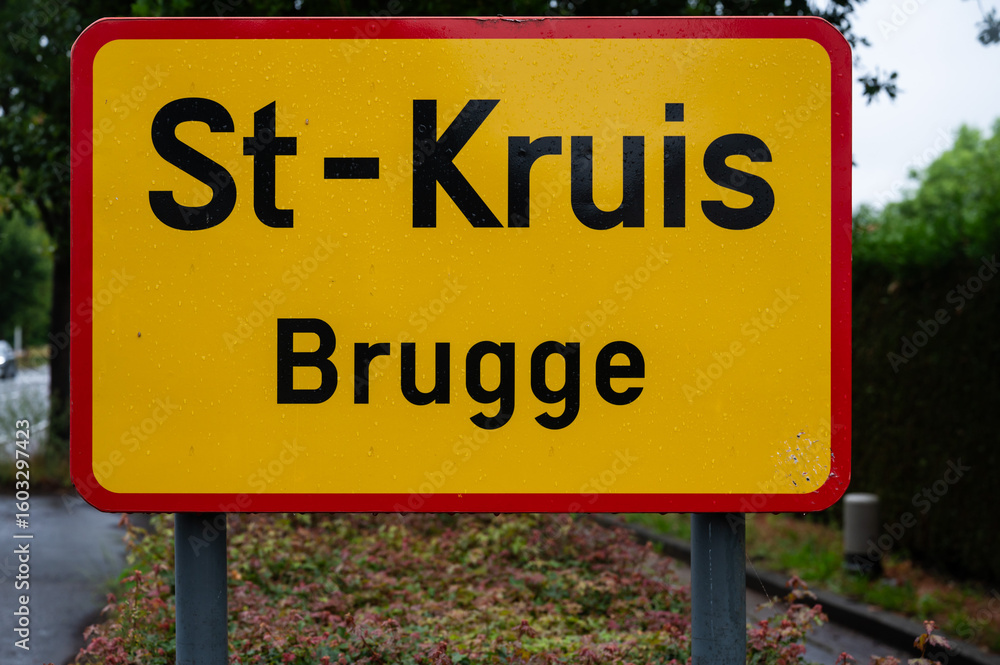 Fototapeta premium Road sign of the village of Sint Kruis Bruges, West Flanders, Belgium
