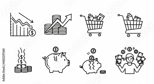 Inflation and Economic Instability Line Icon Set – Money Loss, Rising Prices, Falling Savings, Financial Stress Vector

