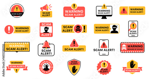 Scam alert warning sign, caution badge set