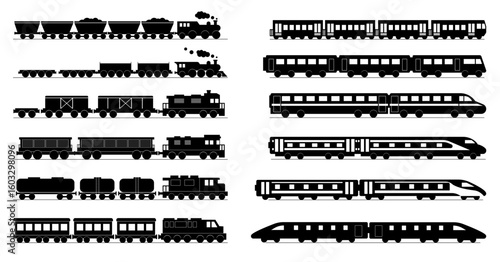 Freight train with locomotive icon, passenger train icons set