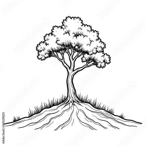 Lone tree on top of windy ridge – Coloring book design for kids, black and white