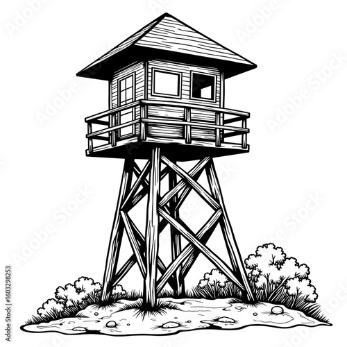 Rustic lookout tower coloring page – Kids black and white design, artistic fun