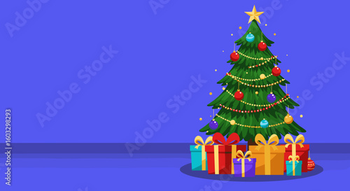 Decorated Christmas tree with gifts on blue background