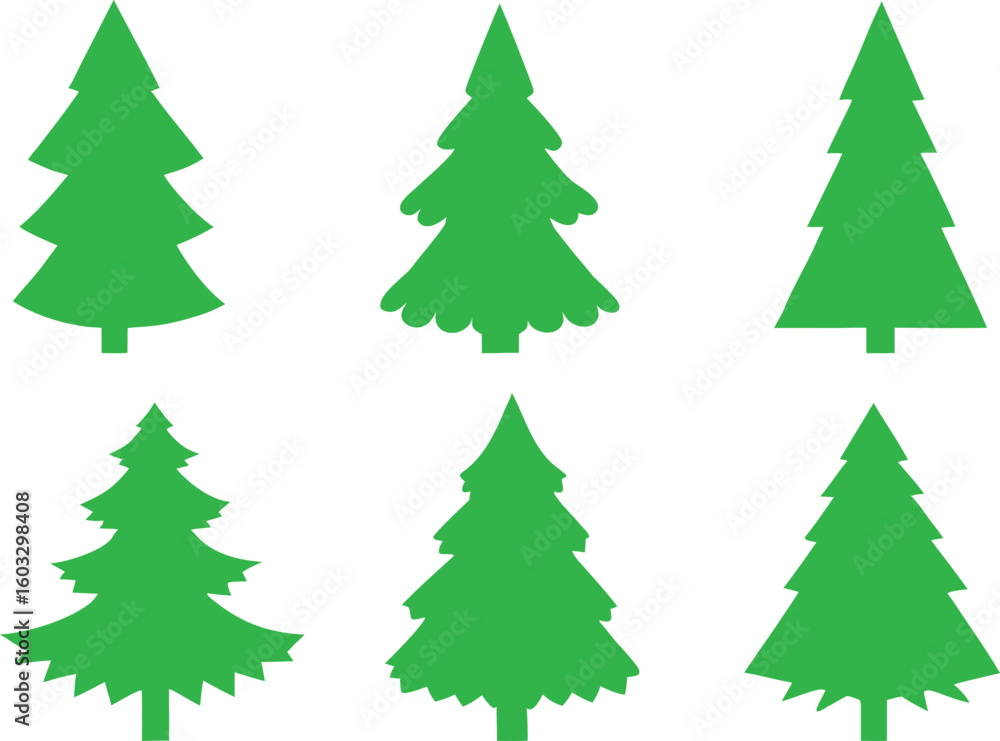 Collection of a Simple Green Evergreen Tree, Different Shapes and Sizes, Holiday Collection of a Simple Green Evergreen Tree, Different Shapes and Sizes, Holiday